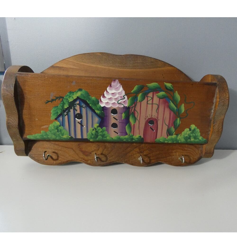 Vintage Wood Mail/Key Holder Wall Hand Painted Birdhouses Rustic